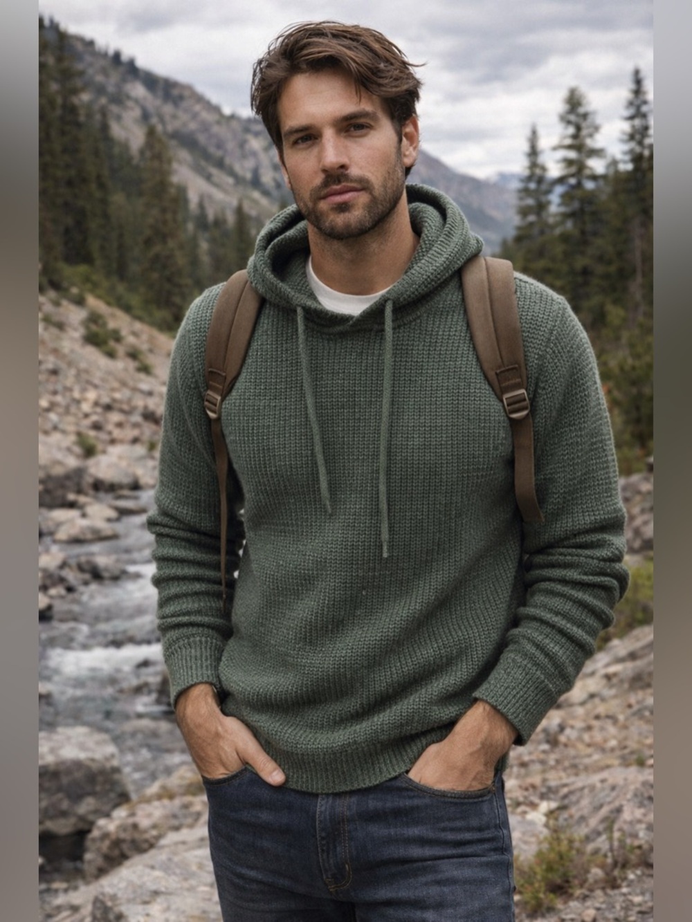 Marine Layer Merino Wool Blend Hoodie Men’s Medium Green Waffle Knit Sweater T